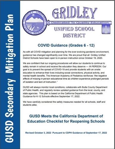 Screenshot of COVID Mitigation Plan Cover page for Secondary, October 2022