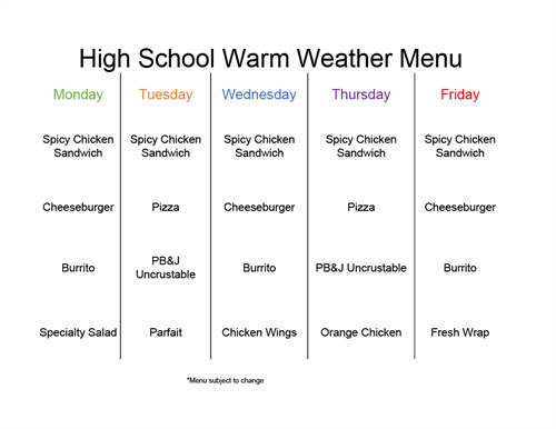 HS Lunch Menu for warm weather